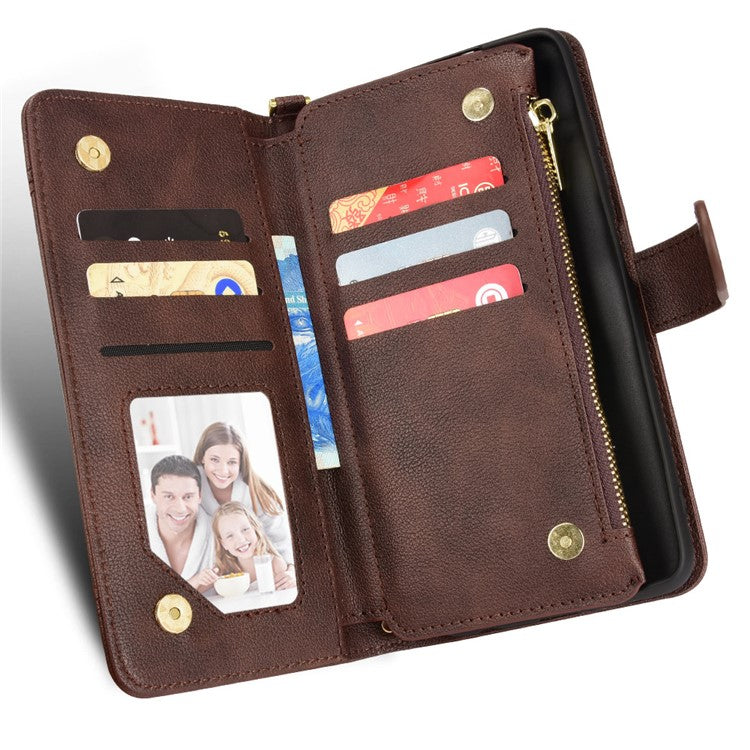 For Samsung Galaxy S23 Wallet Zipper Pocket Phone Case Shockproof Phone Cover with 2 Straps - Brown