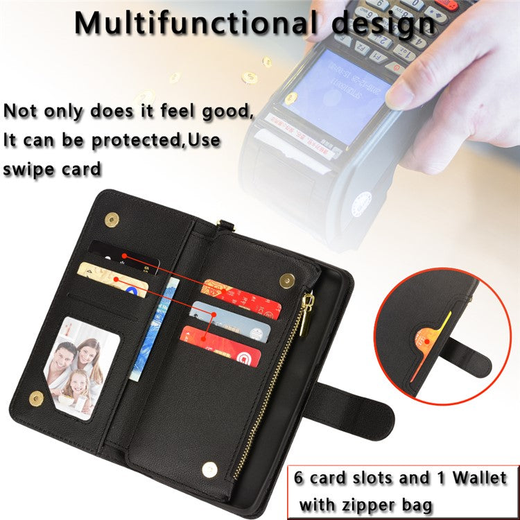 For Samsung Galaxy S23 Wallet Zipper Pocket Phone Case Shockproof Phone Cover with 2 Straps - Brown