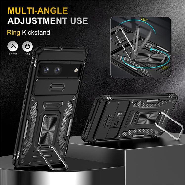 Shockproof Phone Case for Google Pixel 7a , Armor Series PC + TPU Protective Back Cover Kickstand - Black