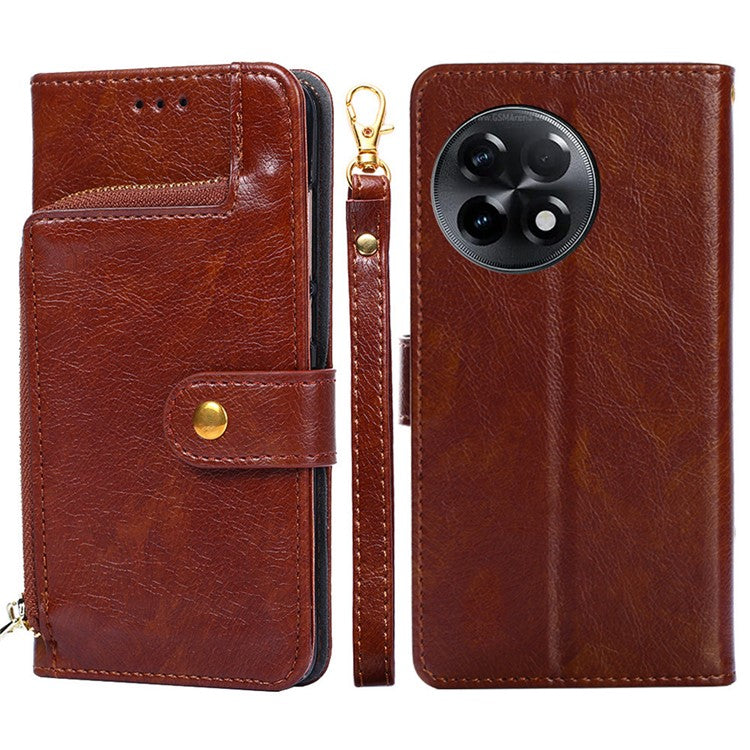 For OnePlus Ace 2 5G / 11R 5G Phone Wallet Case Zipper Pocket Leather Stand Phone Cover with Strap - Brown