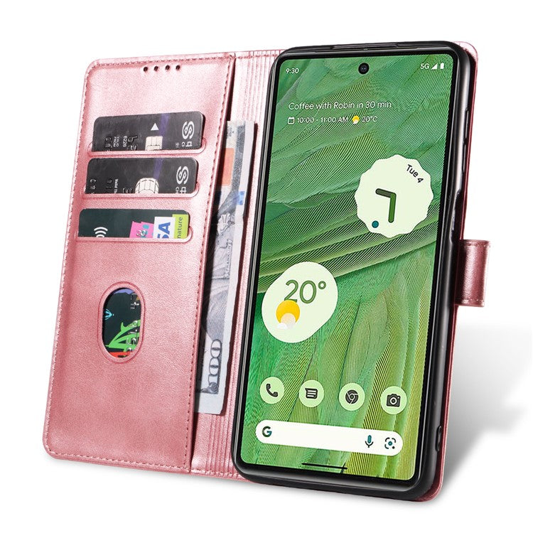 For Google Pixel 7 5G Square Clasp Phone Cover Scratch-resistant Flip Leather Phone Case with Stand Wallet - Rose Gold