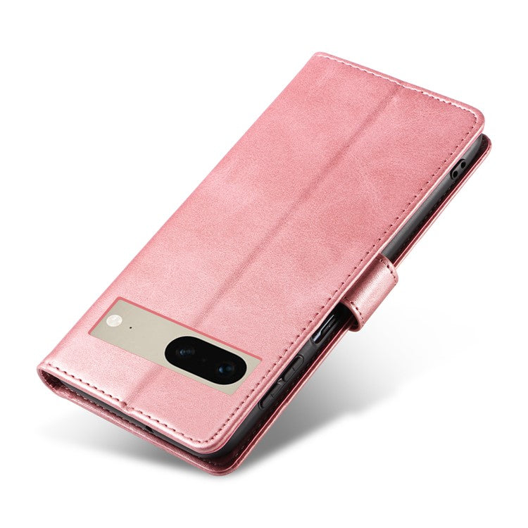 For Google Pixel 7 5G Square Clasp Phone Cover Scratch-resistant Flip Leather Phone Case with Stand Wallet - Rose Gold