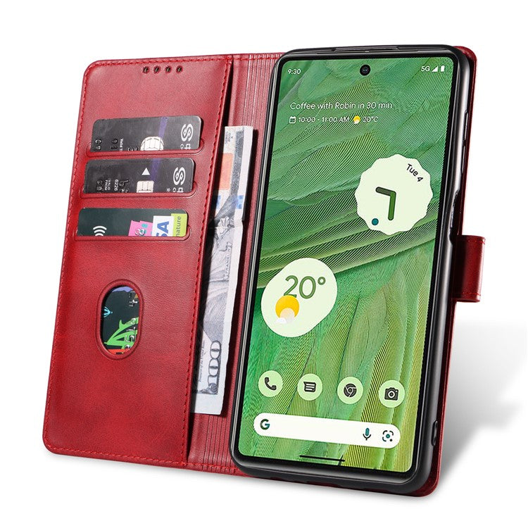 For Google Pixel 7 5G Square Clasp Phone Cover Scratch-resistant Flip Leather Phone Case with Stand Wallet - Red
