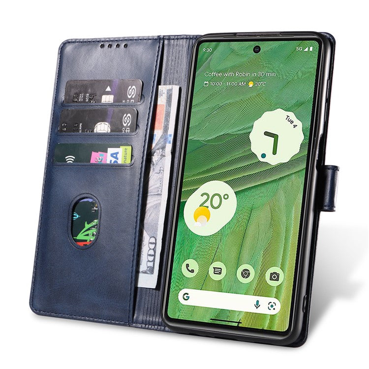 For Google Pixel 7 5G Square Clasp Phone Cover Scratch-resistant Flip Leather Phone Case with Stand Wallet - Blue