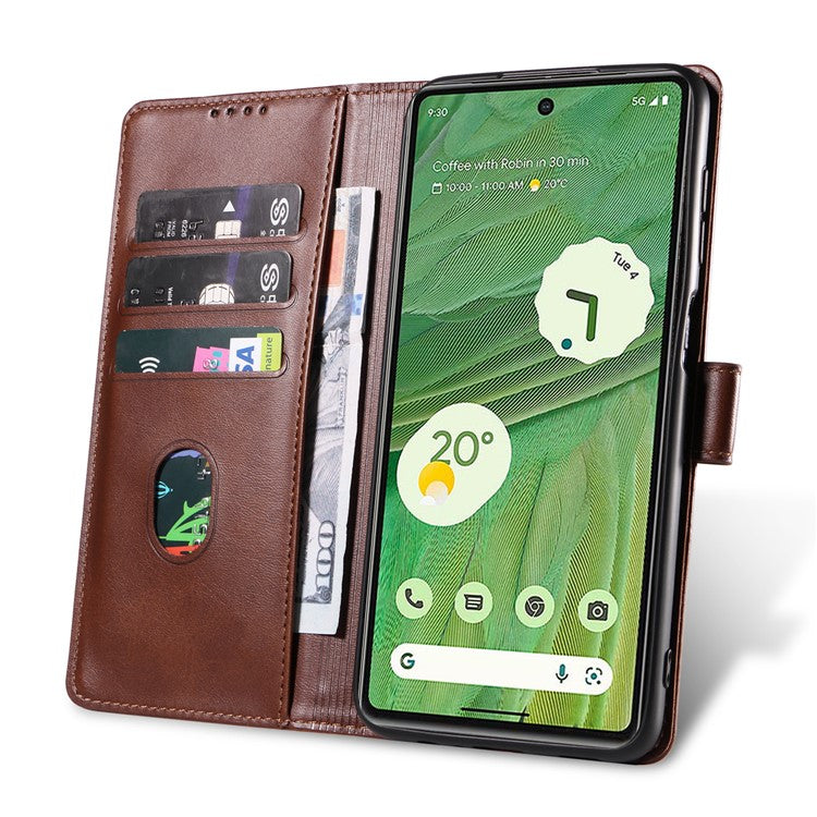 For Google Pixel 7 5G Square Clasp Phone Cover Scratch-resistant Flip Leather Phone Case with Stand Wallet - Brown