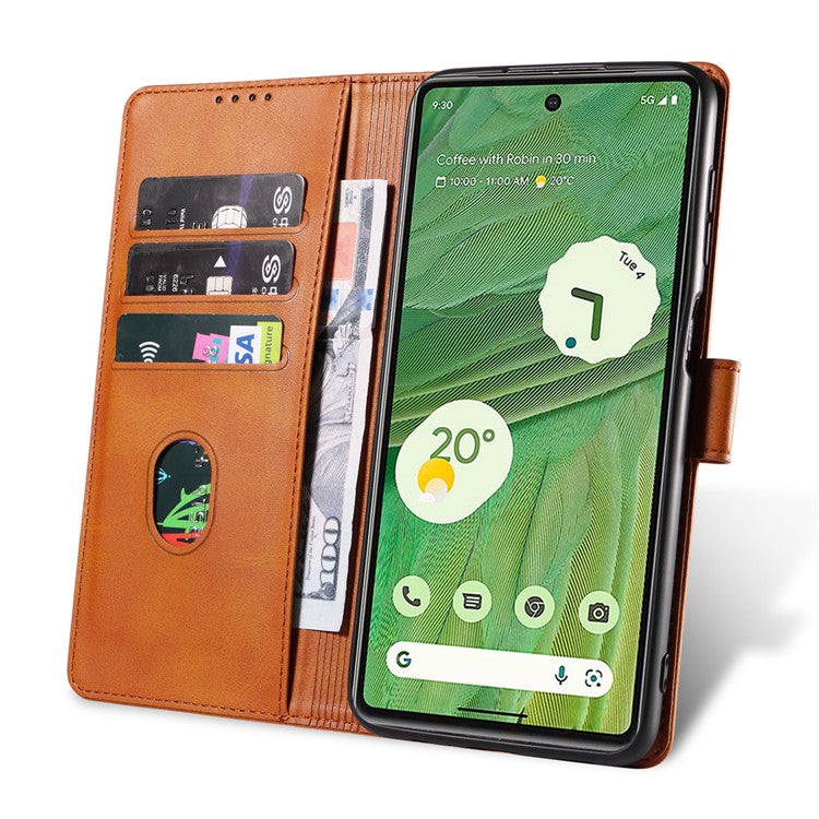 For Google Pixel 7 5G Square Clasp Phone Cover Scratch-resistant Flip Leather Phone Case with Stand Wallet - Khaki