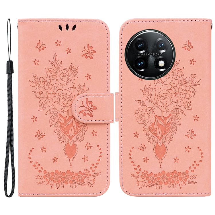 Phone Wallet Case for OnePlus 11 5G PU Leather Rose Butterfly Imprinted Stand Cell Phone Cover - Pink