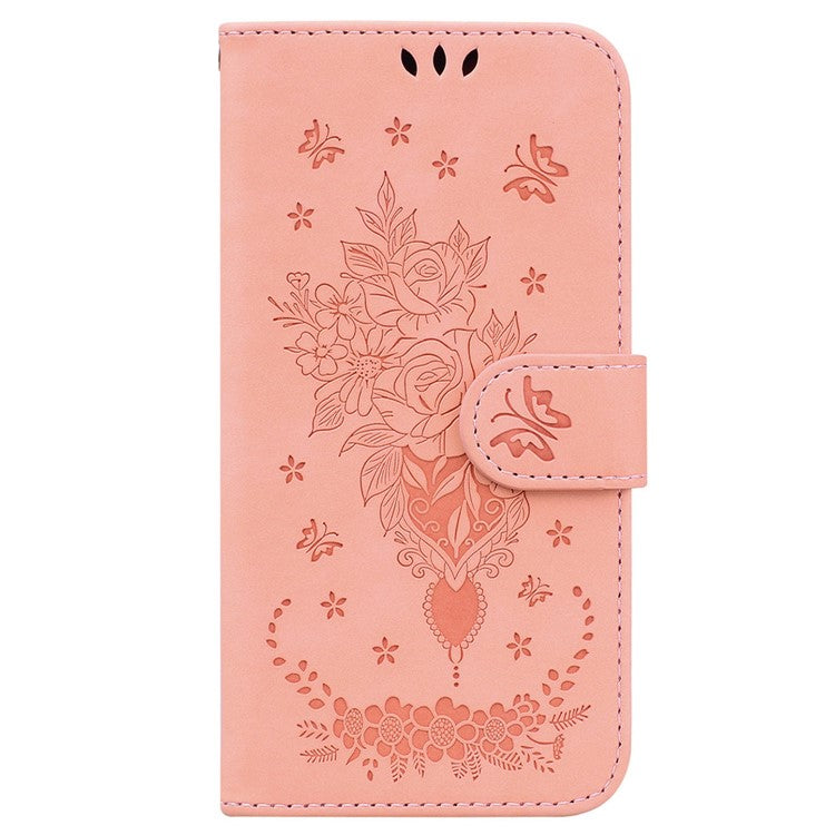 Phone Wallet Case for OnePlus 11 5G PU Leather Rose Butterfly Imprinted Stand Cell Phone Cover - Pink