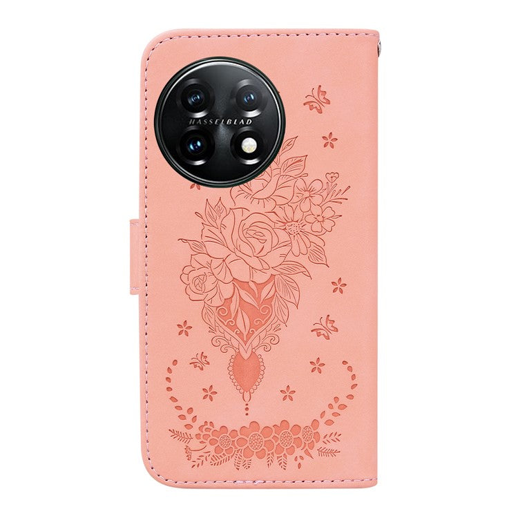 Phone Wallet Case for OnePlus 11 5G PU Leather Rose Butterfly Imprinted Stand Cell Phone Cover - Pink