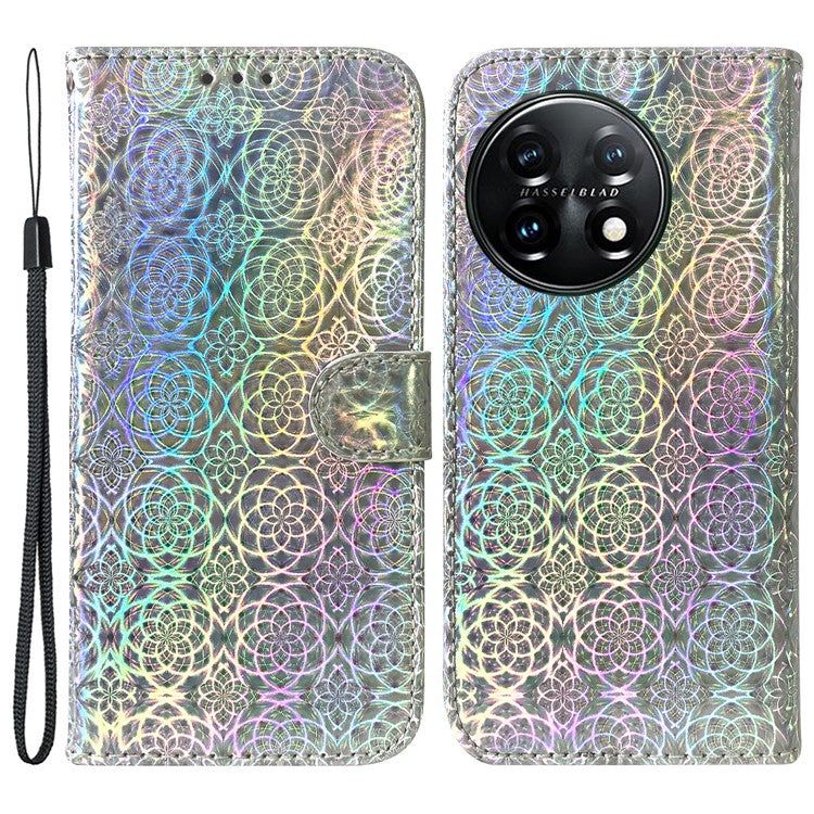 For OnePlus 11 5G Drop-proof Phone Case Dazzling Flower Pattern Wallet Stand PU Leather Phone Cover - Grey