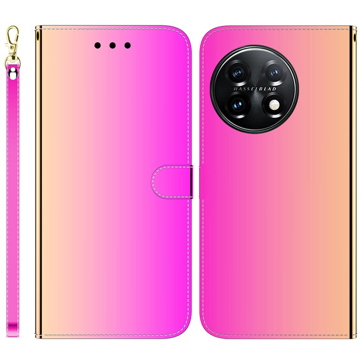 For OnePlus 11 5G Mirror-like Surface Phone Case Stand Wallet PU Leather Shockproof Cell Phone Cover - Rose