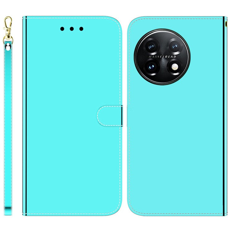 For OnePlus 11 5G Mirror-like Surface Phone Case Stand Wallet PU Leather Shockproof Cell Phone Cover - Cyan