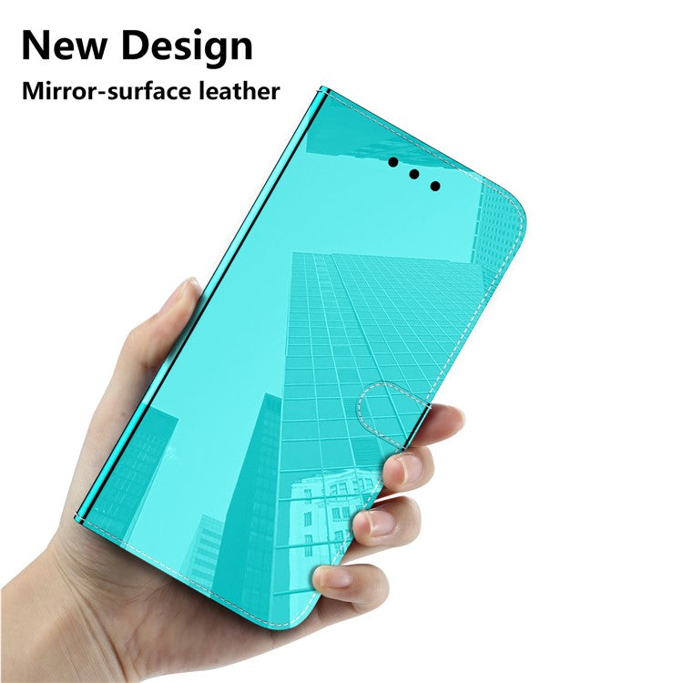 For OnePlus 11 5G Mirror-like Surface Phone Case Stand Wallet PU Leather Shockproof Cell Phone Cover - Cyan