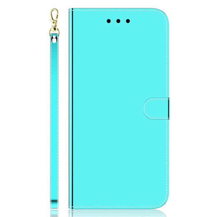 For OnePlus 11 5G Mirror-like Surface Phone Case Stand Wallet PU Leather Shockproof Cell Phone Cover - Cyan