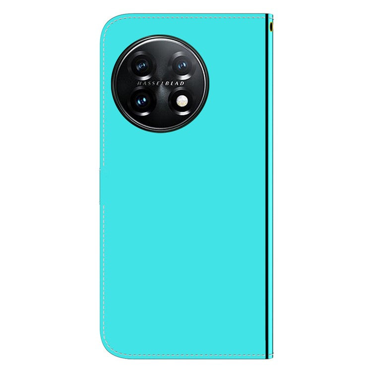 For OnePlus 11 5G Mirror-like Surface Phone Case Stand Wallet PU Leather Shockproof Cell Phone Cover - Cyan