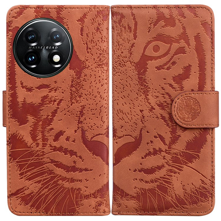 For OnePlus 11 5G Tiger Imprinted Cell Phone Cover PU Leather Wallet Stand Protective Phone Case - Brown