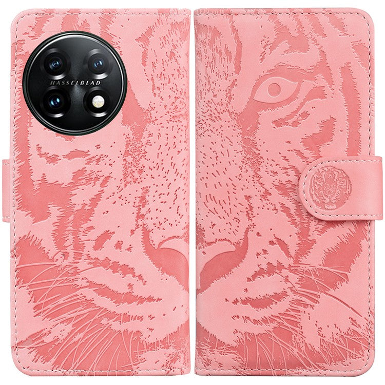For OnePlus 11 5G Tiger Imprinted Cell Phone Cover PU Leather Wallet Stand Protective Phone Case - Pink