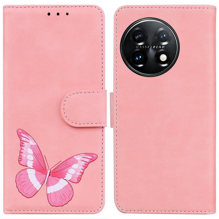 For OnePlus 11 5G Butterfly Printing Skin-friendly Flip Leather Wallet Cover Anti-drop Phone Case Stand - Pink