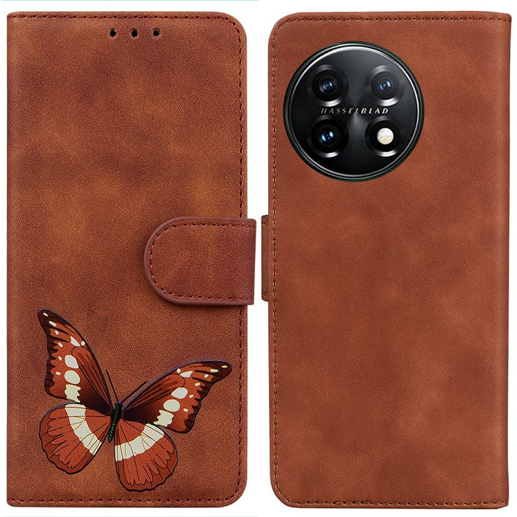 For OnePlus 11 5G Butterfly Printing Skin-friendly Flip Leather Wallet Cover Anti-drop Phone Case Stand - Brown