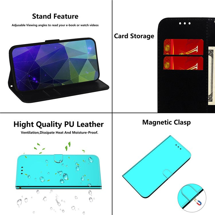 Smartphone Case For Honor X8 5G , Stand Wallet Mirror-like Surface PU Leather Cell Phone Cover - Cyan