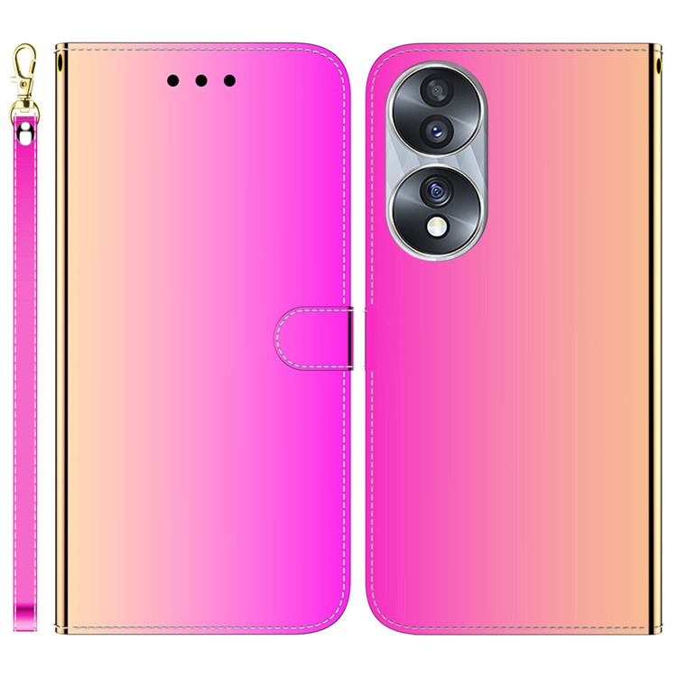 For Honor 70 5G Mirror-like Surface PU Leather Wallet Phone Case Stand Flip Cover with Strap - Rose