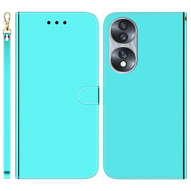 For Honor 70 5G Mirror-like Surface PU Leather Wallet Phone Case Stand Flip Cover with Strap - Cyan