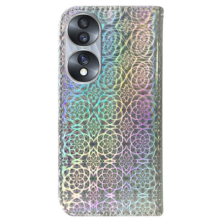 For Honor 70 5G PU Leather Dazzling Flower Pattern Shockproof Phone Case Stand Wallet with Strap - Grey
