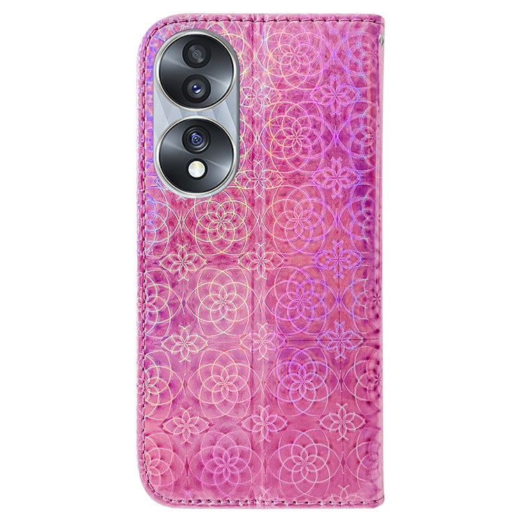 For Honor 70 5G PU Leather Dazzling Flower Pattern Shockproof Phone Case Stand Wallet with Strap - Pink
