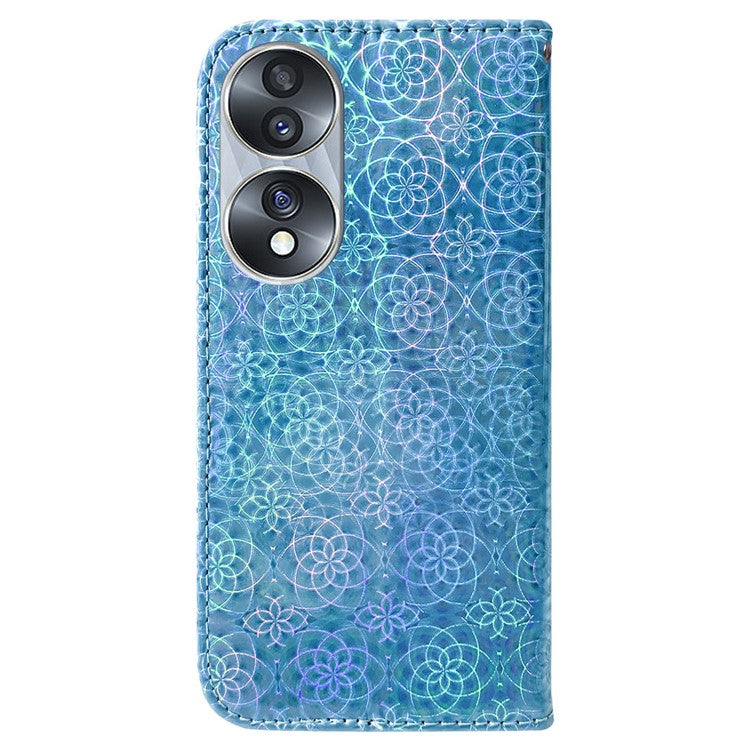 For Honor 70 5G PU Leather Dazzling Flower Pattern Shockproof Phone Case Stand Wallet with Strap - Blue