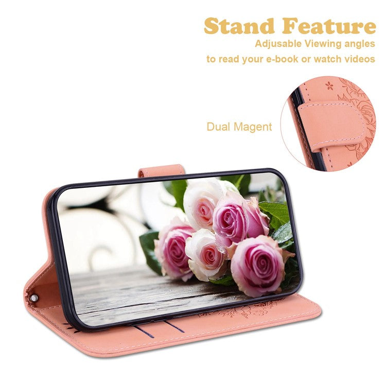 Drop-proof Phone Case For Honor 70 5G , Rose Butterfly Imprinted Stand Flip Leather Wallet Cover - Pink