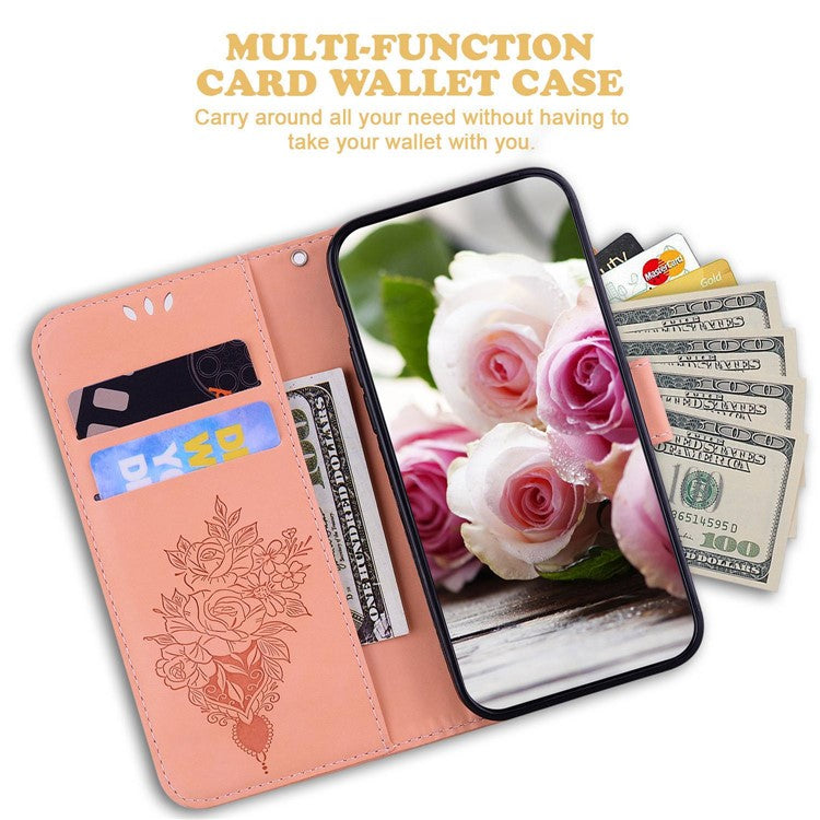 Drop-proof Phone Case For Honor 70 5G , Rose Butterfly Imprinted Stand Flip Leather Wallet Cover - Pink