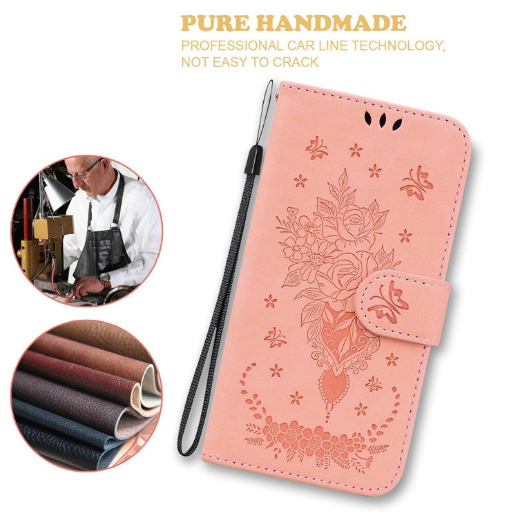 Drop-proof Phone Case For Honor 70 5G , Rose Butterfly Imprinted Stand Flip Leather Wallet Cover - Pink