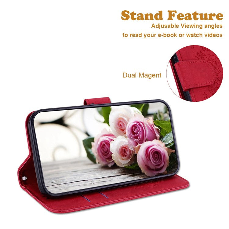 Drop-proof Phone Case For Honor 70 5G , Rose Butterfly Imprinted Stand Flip Leather Wallet Cover - Red