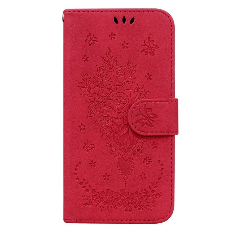 Drop-proof Phone Case For Honor 70 5G , Rose Butterfly Imprinted Stand Flip Leather Wallet Cover - Red