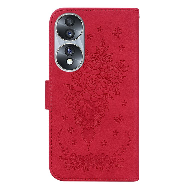 Drop-proof Phone Case For Honor 70 5G , Rose Butterfly Imprinted Stand Flip Leather Wallet Cover - Red