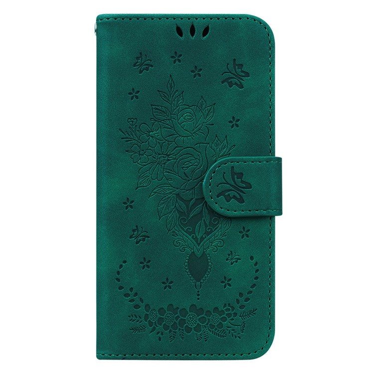 Drop-proof Phone Case For Honor 70 5G , Rose Butterfly Imprinted Stand Flip Leather Wallet Cover - Green