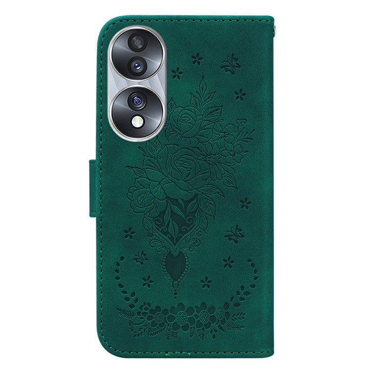 Drop-proof Phone Case For Honor 70 5G , Rose Butterfly Imprinted Stand Flip Leather Wallet Cover - Green