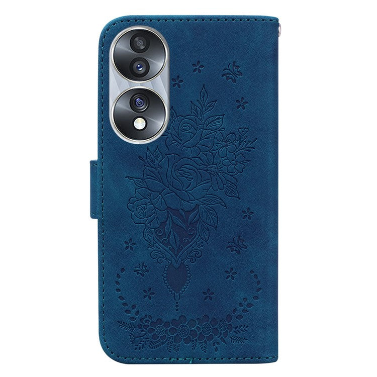 Drop-proof Phone Case For Honor 70 5G , Rose Butterfly Imprinted Stand Flip Leather Wallet Cover - Blue