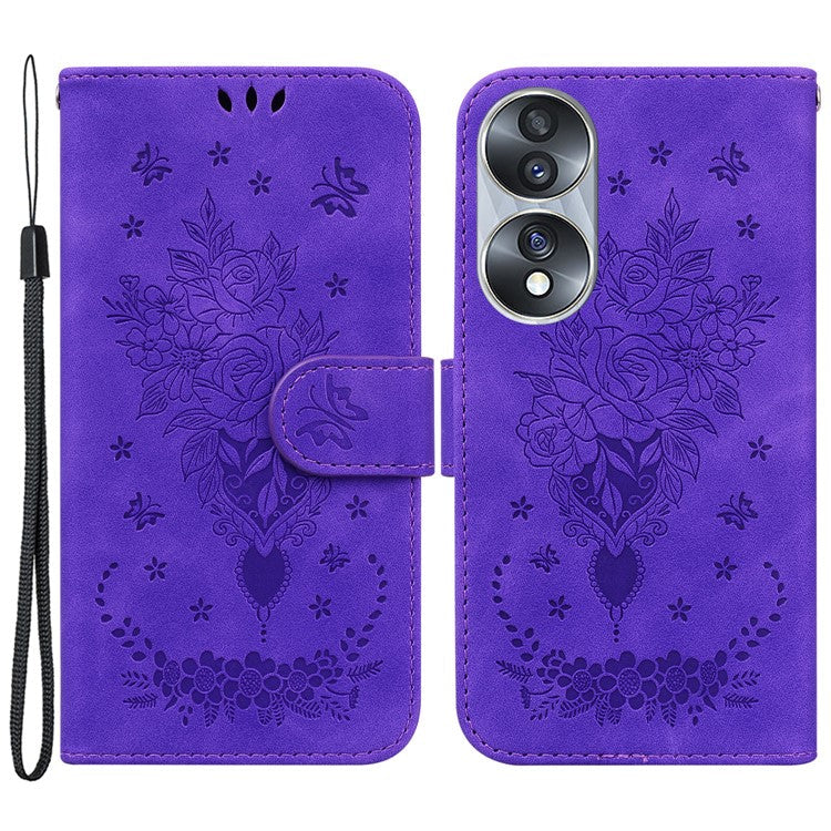 Drop-proof Phone Case For Honor 70 5G , Rose Butterfly Imprinted Stand Flip Leather Wallet Cover - Purple