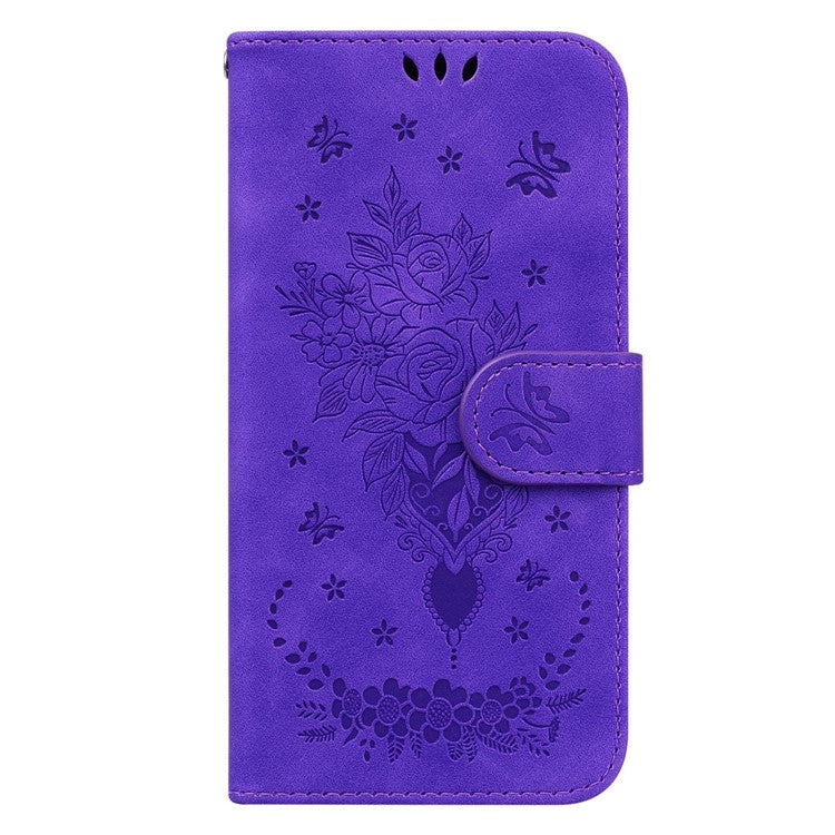 Drop-proof Phone Case For Honor 70 5G , Rose Butterfly Imprinted Stand Flip Leather Wallet Cover - Purple