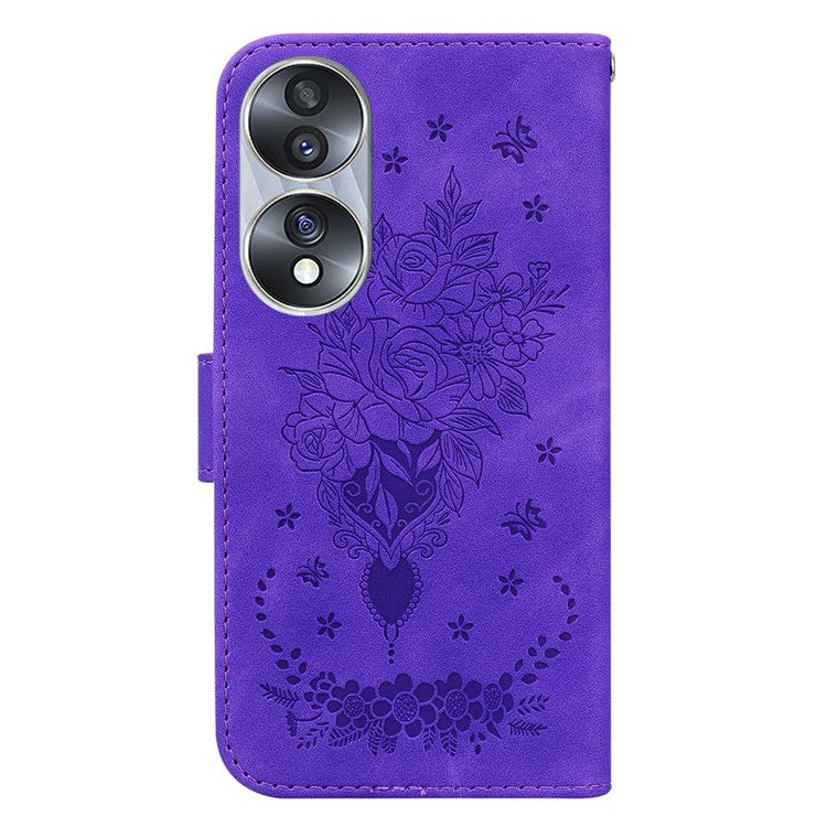 Drop-proof Phone Case For Honor 70 5G , Rose Butterfly Imprinted Stand Flip Leather Wallet Cover - Purple