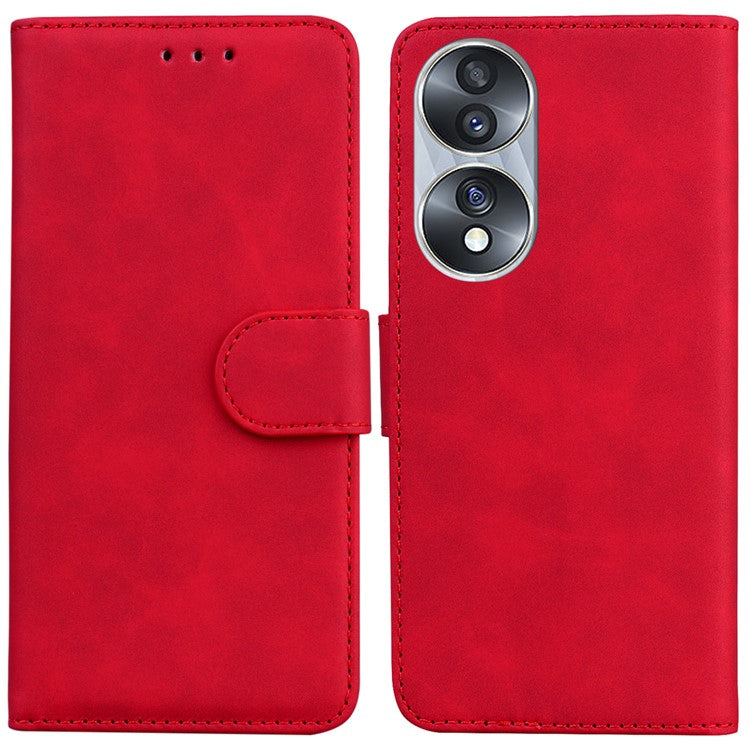 For Honor 70 5G PU Leather Flip Phone Case Solid Color Folio Book Stand Wallet Cover - Red