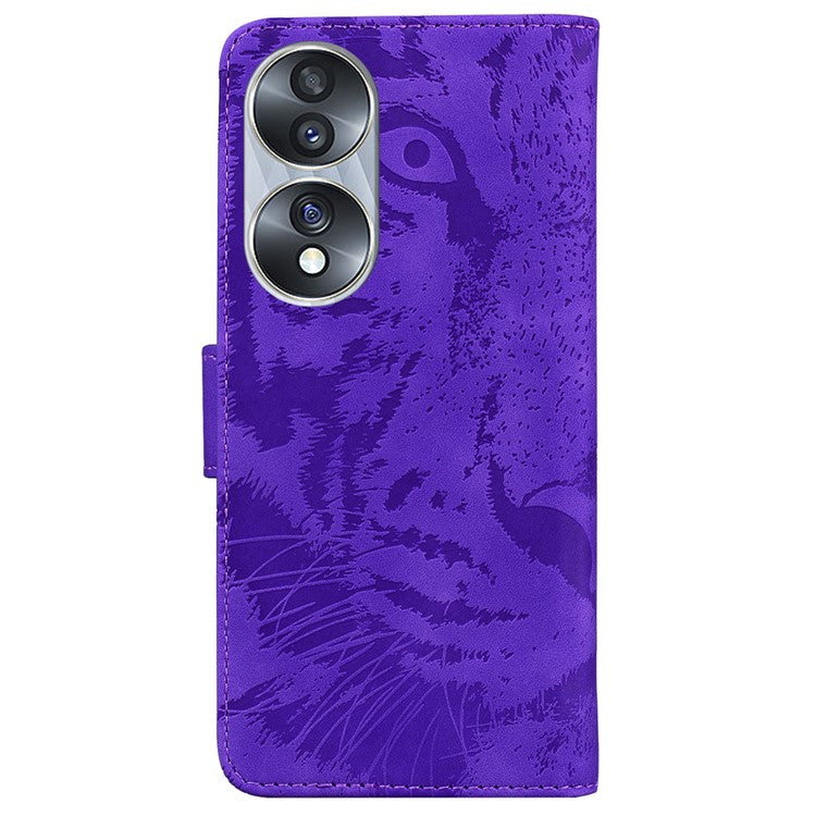 For Honor 70 5G PU Leather Flip Cover Tiger Pattern Imprinted Wallet Stand Protective Phone Case - Purple