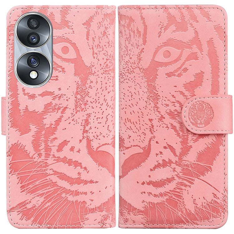 For Honor 70 5G PU Leather Flip Cover Tiger Pattern Imprinted Wallet Stand Protective Phone Case - Pink