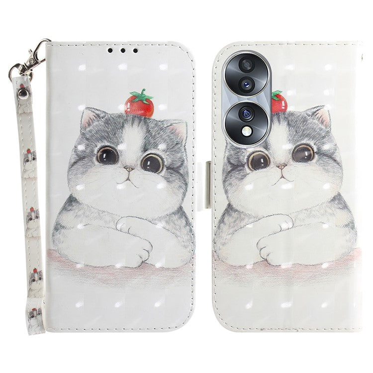 For Honor 70 5G PU Leather Phone Case Stand Wallet Anti-fall Cell Phone Cover with Strap - Cute Cat