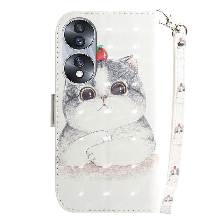 For Honor 70 5G PU Leather Phone Case Stand Wallet Anti-fall Cell Phone Cover with Strap - Cute Cat
