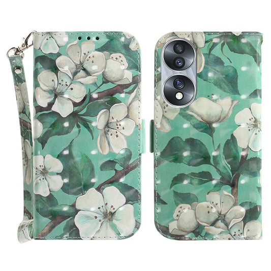 For Honor 70 5G PU Leather Phone Case Stand Wallet Anti-fall Cell Phone Cover with Strap - Watercolor Flowers