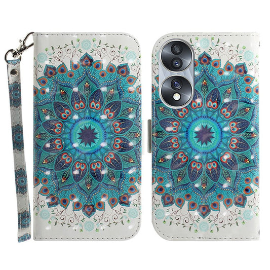 For Honor 70 5G PU Leather Phone Case Stand Wallet Anti-fall Cell Phone Cover with Strap - Peacock Wreath