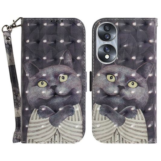 For Honor 70 5G PU Leather Phone Case Stand Wallet Anti-fall Cell Phone Cover with Strap - Embracing Cat