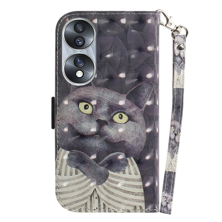 For Honor 70 5G PU Leather Phone Case Stand Wallet Anti-fall Cell Phone Cover with Strap - Embracing Cat